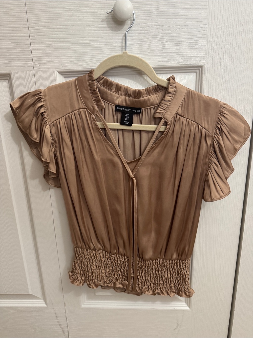 Sincerly Jules Bronze Satin Ruffle Sleeve Smocked Waist Top Women Size Small